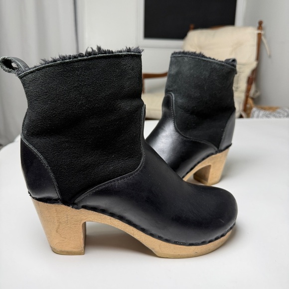 No. 6 Pull-on Shearling Wood Clog Boots on Mid Heel Black Suede Women's 39 8.5 - Picture 11 of 11